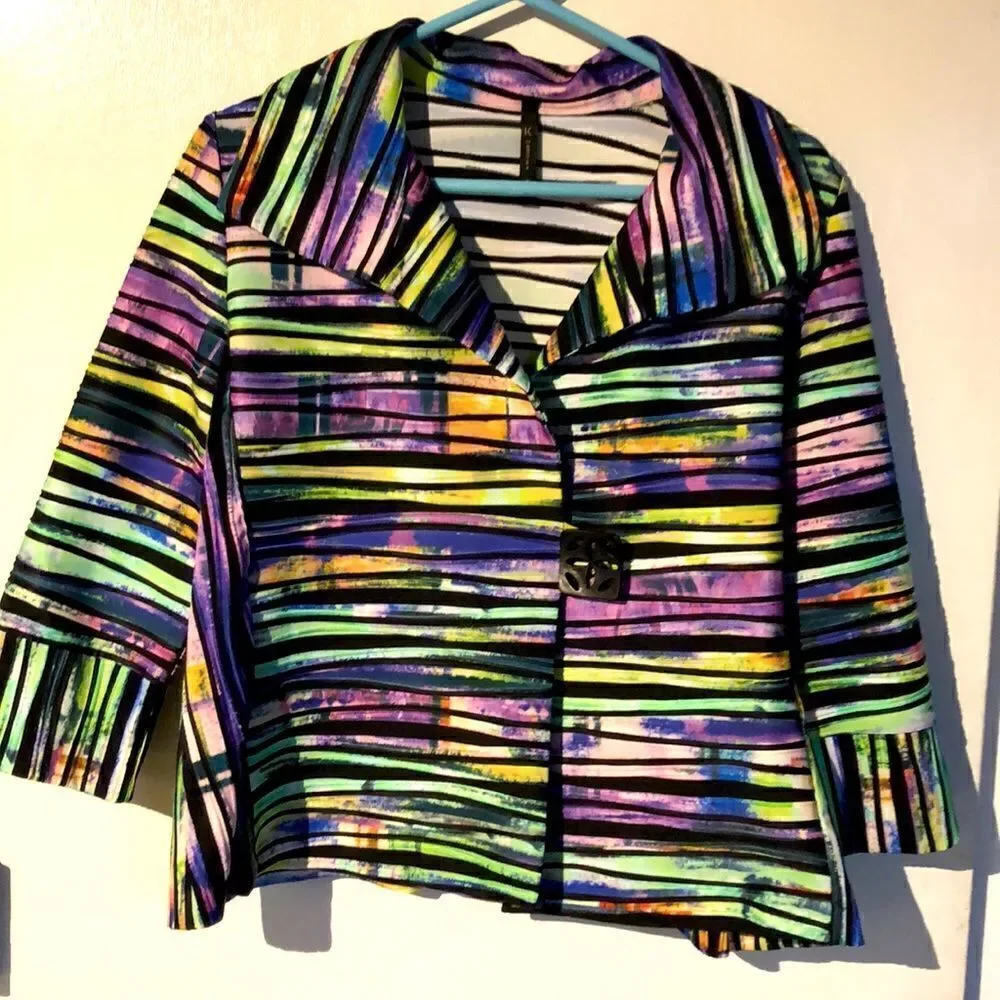 IC by Connie K womens blazer stripe black green pink size M - Picture 3 of 14
